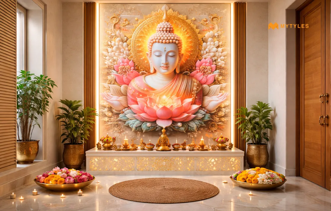 Buddha Poster Tile in Pooja Room